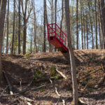 A red steel platform overlooks a wooded area