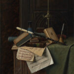 A still life painting of objects on top of a large green cloth that is draped over a piece of brown wooden furniture. The objects in this still life include books, sheet music, a flute, a quill and inkpot, a small blue vase, and an oil lamp. There is a dark wooden cabinet door and a dark brown wall in the background.