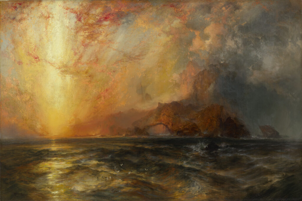 A landscape painting of a sunset over a body of water with large, cresting waves. An arched rock formation on the horizon blends in with the bright colors and clouds in the sky. A group of white birds with black wingtips flies in the foreground, just above the surface of the water.