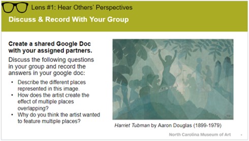 screenshot of slide with Aaron Douglas painting of Harriet Tubman and discussion questions