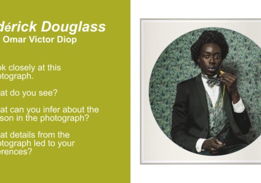 Image of a slide showing Omar Victor Diop's Frederick Douglass and discussion prompts