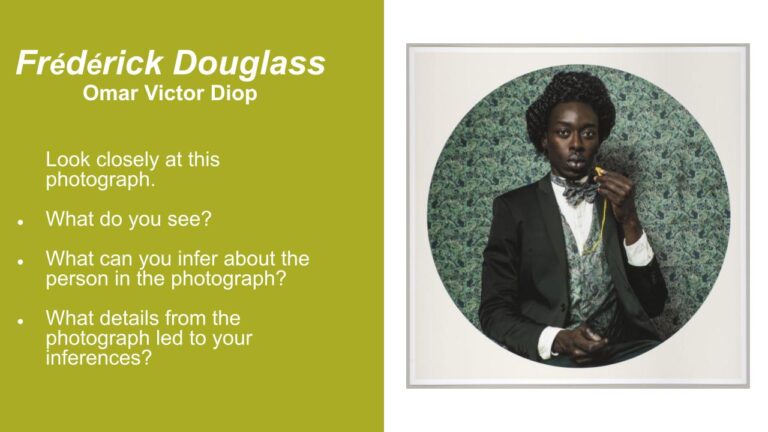 Image of a slide showing Omar Victor Diop's Frederick Douglass and discussion prompts