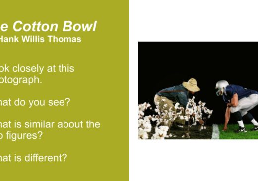 image of a slide showing Hank Willis Thomas&#039;s Cotton Bowl and discussion prompts