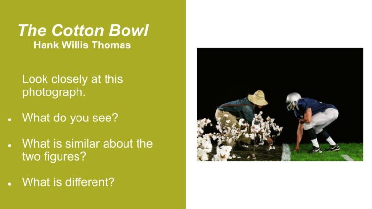 image of a slide showing Hank Willis Thomas's Cotton Bowl and discussion prompts