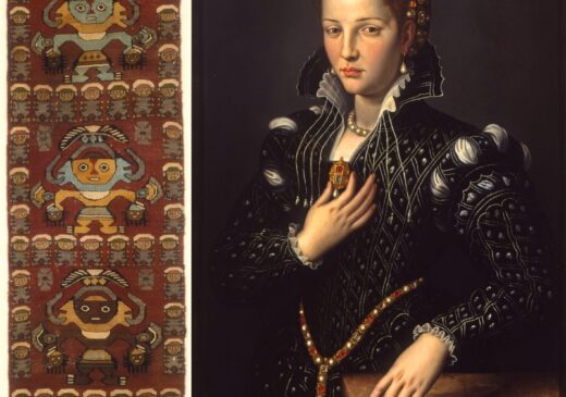Comparison image of ancient Peruvian textile and Renaissance portrait
