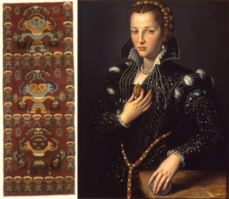 Comparison image of ancient Peruvian textile and Renaissance portrait