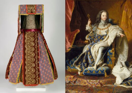 comparison image of an African masquerade costume and French royalty in regalia
