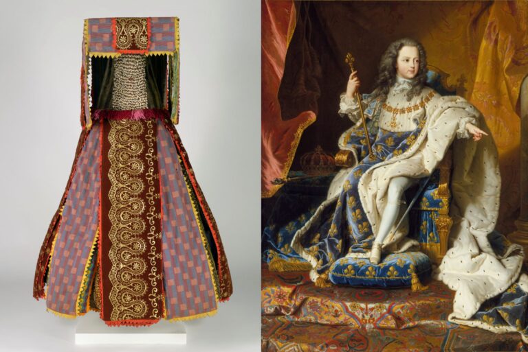 comparison image of an African masquerade costume and French royalty in regalia