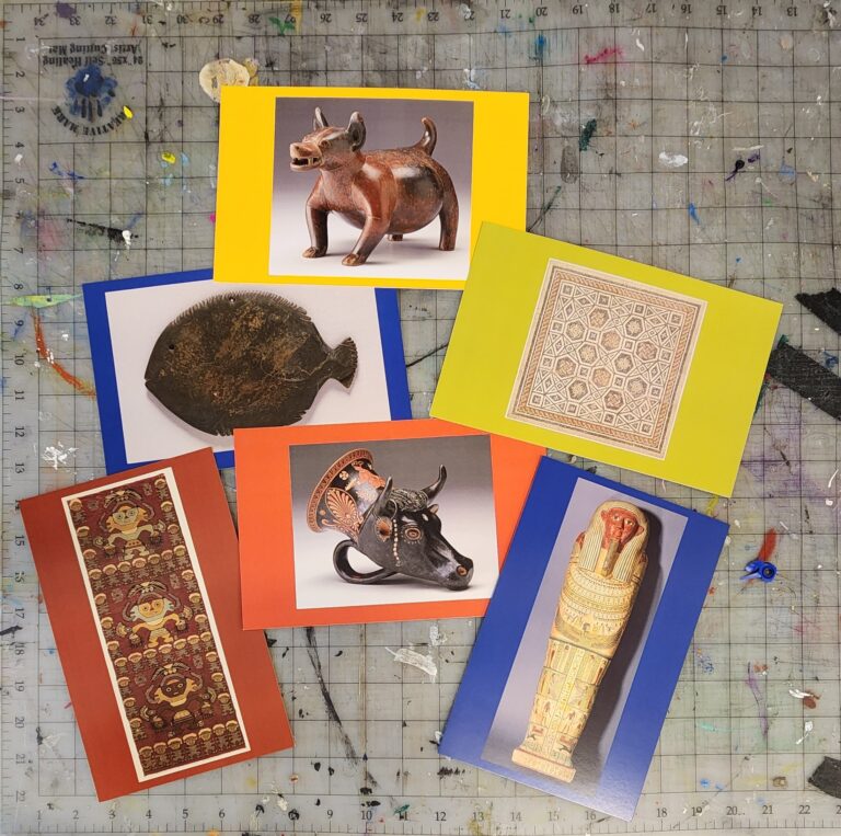 six cards showing objects from the ancient collections
