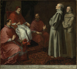 A 17th century oil painting depicting Giles the monk before Pope Gregory IX