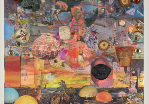 A layered mixed media work resembling a science fiction landscape