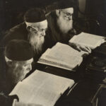 A black and white photo of three bearded men reading Hebrew texts