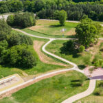 Ariel view of the museum park showing Musical Swings and Smokestack