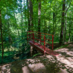A dirt path leads to a red platform overlooking a wooded area