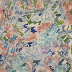 An abstract painting of multicolored, layered shapes