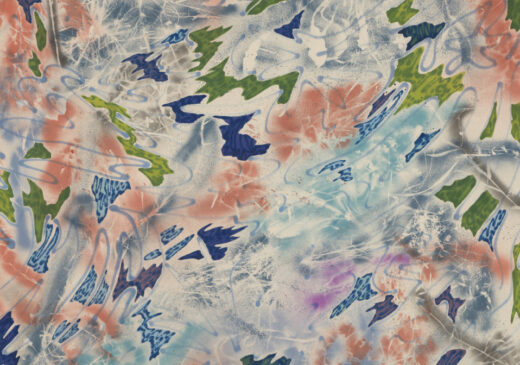 An abstract painting of multicolored, layered shapes