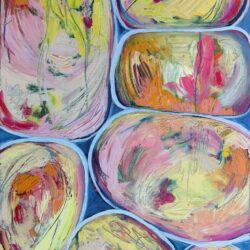 Seven rounded shapes filled with warm colors and surrounded by blue in a rectangular composition.