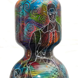 Stylized hispanic and afro-latino figures and abstract patterns painted on a vase with bright colors