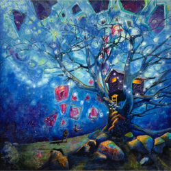 A man pushes a child in a swing hanging from a tree that has a treehouse in it. It is nighttime and there are glowing lights in the sky.