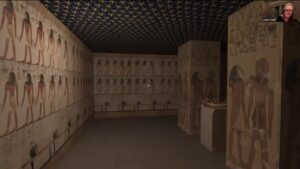 A screenshot showing a woman leading a virtual field trip in a simulated Egyptian tomb setting.