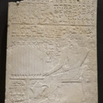 Carved limestone relief sculpture with jagged top edge, showing a seated man facing left, surrounded by hieroglyphs and small offering figures.
