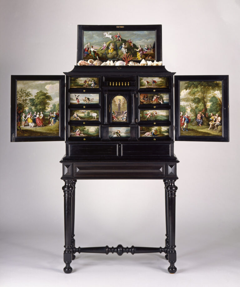 Ebony cabinet on tall legs, doors open to show 13 small, oil-on-copper paintings of classical myths and outdoor scenes.