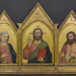 Five panel altarpiece featuring Christ, St. John the Evangelist, the Virgin Mary, St. John the Baptist, and St. Francis against a gold background.