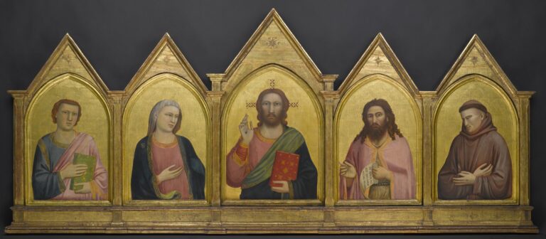 Five panel altarpiece featuring Christ, St. John the Evangelist, the Virgin Mary, St. John the Baptist, and St. Francis against a gold background.